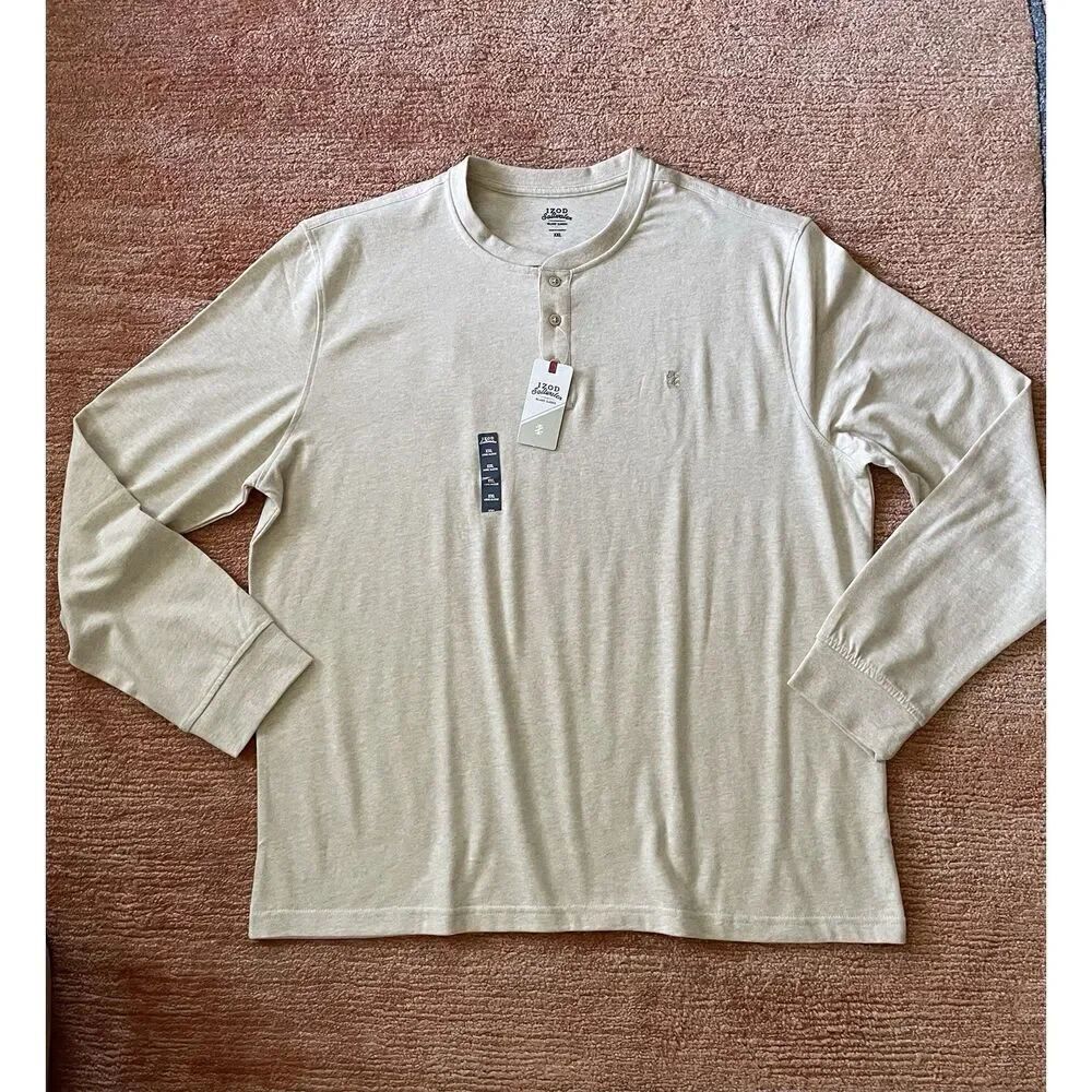 IZOD Saltwater Henley Long Sleeve Shirt XXL Oatmeal Heather NWT